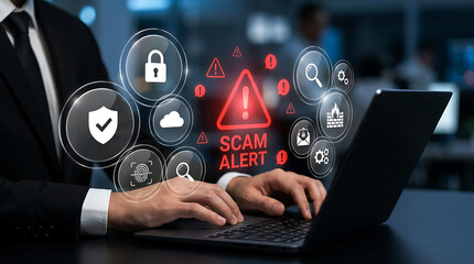Fototapeta premium Scam Alert Digital Security Protection Against Online Fraud And Phishing