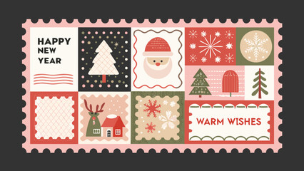 Patchwork Holiday Postage Stamp Illustration With Festive Elements © Indira