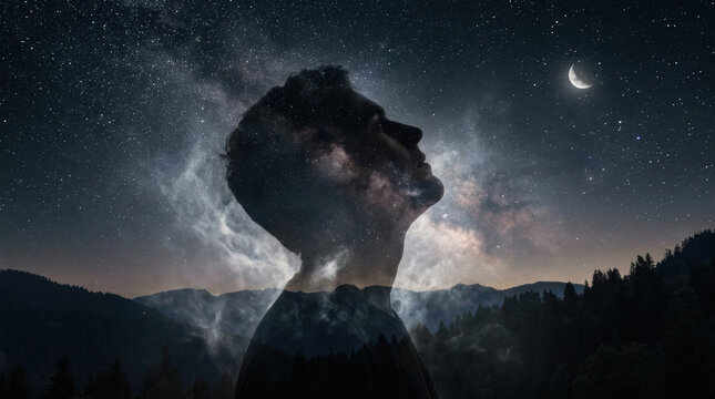 Man silhouette night sky stars moon cosmic scene with mountain forest landscape and dreamy atmosphere