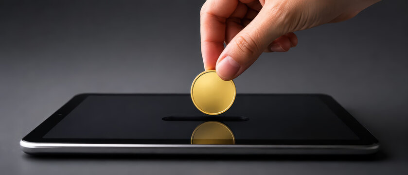 Hand placing gold coin into digital tablet slot, symbolizing online saving or digital currency investment concept