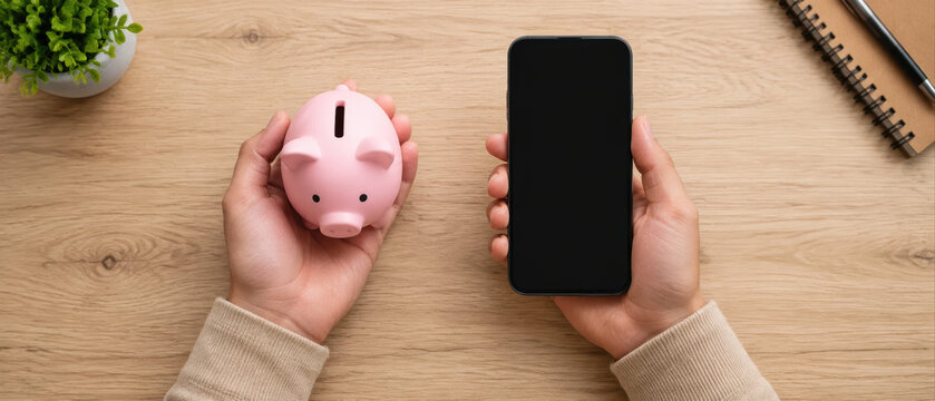 Person holding pink piggy bank in one hand and smartphone with blank screen in other on wooden table with notebook and pen nearby
