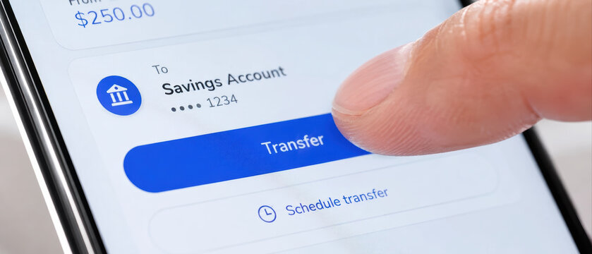 Finger tapping on smartphone screen showing money transfer to savings account with blue transfer button and schedule transfer option