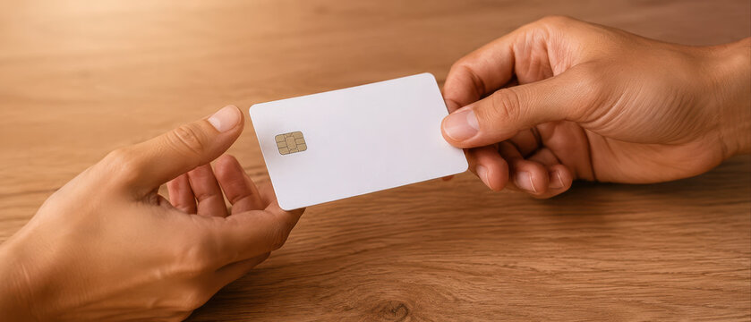 Two hands exchanging blank white chip card on wooden surface, symbolizing secure transaction or access control