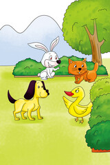 Naklejka premium Four Cute Small Animals Gather on a Green Lawn