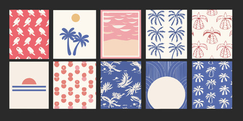 Fototapeta premium Tropical Scenes Vector Illustration With Palm Trees Birds And Sun Motifs