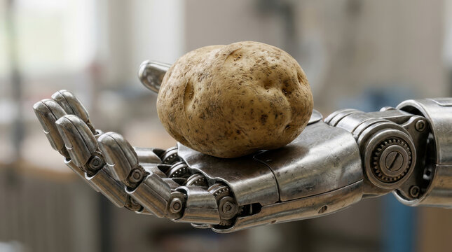 Potato resting on robotic palm with metallic mechanical fingers in blurred background showing technology and agriculture fusion