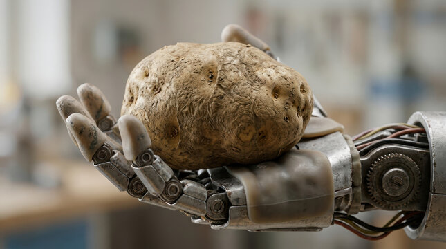 Potato resting on robotic palm with mechanical fingers and metal joints in blurred indoor setting showing technology and agriculture fusion