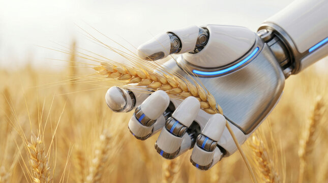 Robot hand harvesting wheat stalk in golden field, symbolizing futuristic agriculture and technology innovation