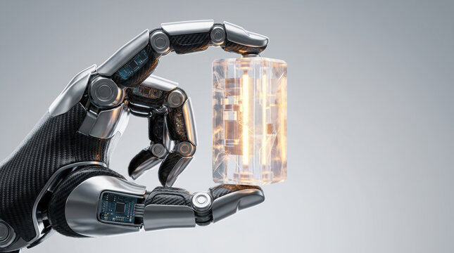 Robotic hand holding transparent battery cell glowing with energy, futuristic technology concept with metallic fingers and circuit details