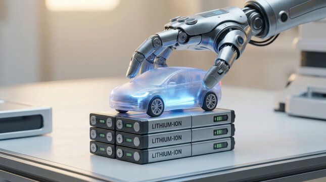 Robotic hand holding electric car model on lithium ion battery stack, symbolizing futuristic technology and sustainable energy innovation