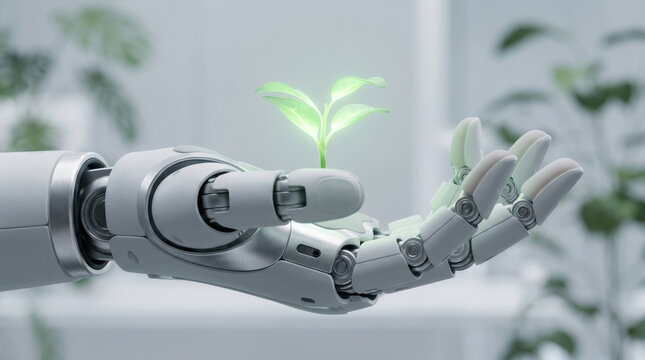 Robotic hand holding green seedling symbolizing technology and nature harmony with soft background and glowing plant