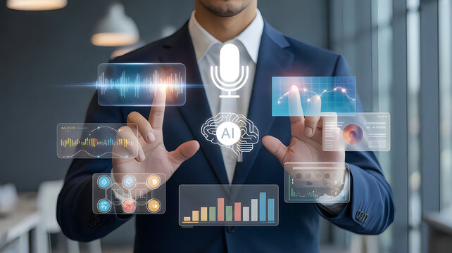 Professional man using voice recognition artificial intelligence assistant through holographic sound waves and neural network brain data visualization.
