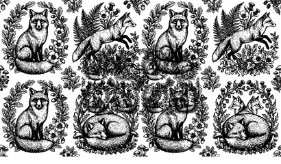 Obraz premium Hand Drawn Woodland Fox Seamless Pattern Featuring Wildlife Animals Botanical Flowers and Forest Leaves in Linocut Woodcut Style for Fabric Designs
