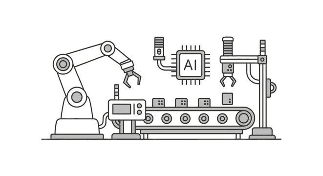 Automated factory conveyor belt with robotic arm and ai chip