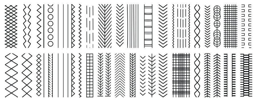 Variety of Line Patterns. A collection of various line patterns and decorative borders in black and white, showcasing geometric and abstract designs. design element, graphic motif, artistic border.