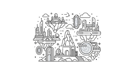 Obraz premium Futuristic city with floating islands and space portals line art