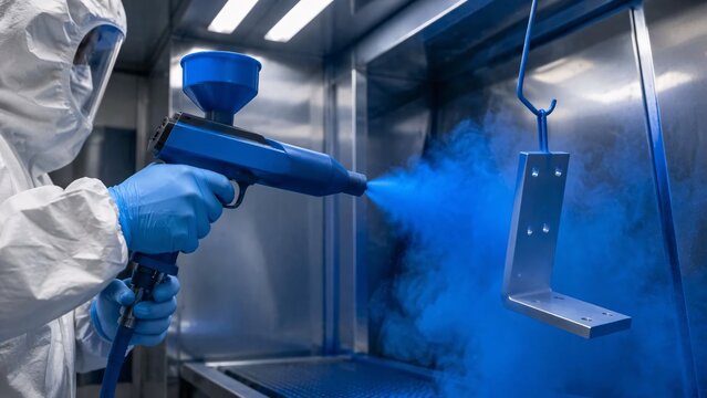Close up od industrial worker in protective gear using blue powder coating spray gun on metal plate in factory