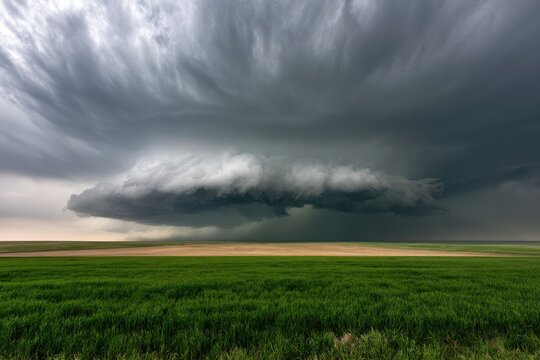 Massive Supercell Thunderstorm Approaching Over Green Field.