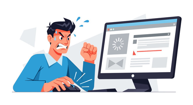 Frustrated man experiencing computer issues while working at desk.