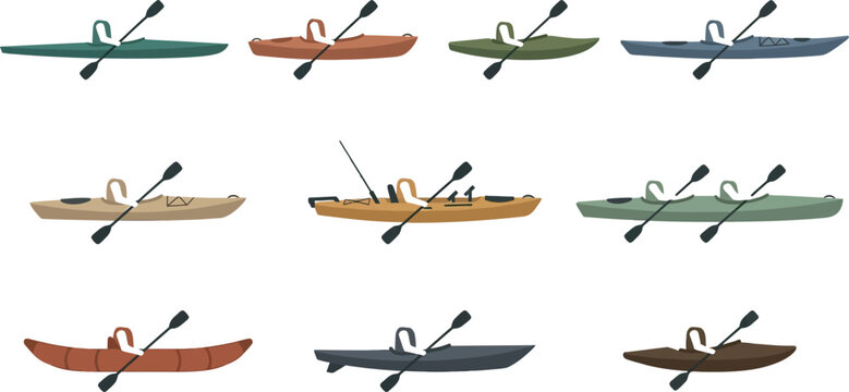 Set of flat vector icons depicting various types of kayaks and people paddling on water