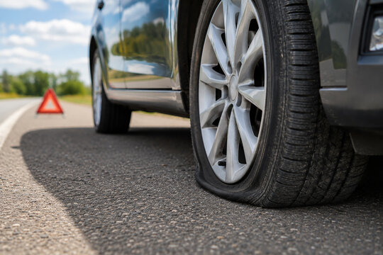 Close-up of flat tire on roadside with warning triangle in background