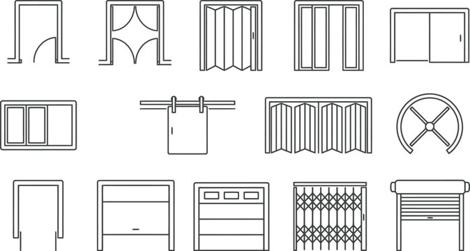 Architectural interior and exterior doors reference sheet line art vector icons collection