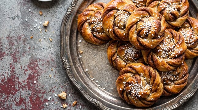 Swedish cinnamon rolls with pearl sugar on vintage metal tray, traditional kanelbullar pastry, rustic homemade sweet buns for fika break