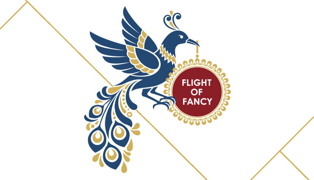 Beautiful blue peacock carrying a golden decorative ornament with the text Flight of Fancy on a geometric background.