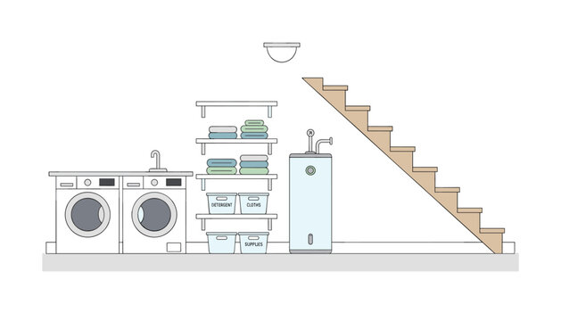 Modern laundry room layout efficiently designed under the wooden basement stairs with washer, dryer, and boiler.