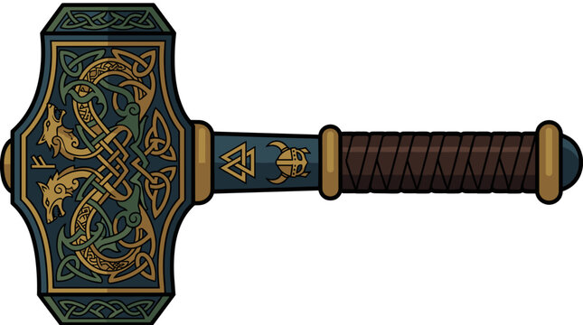 Viking Vector illustration of Mjolnir hammer with golden runes and dragon designs