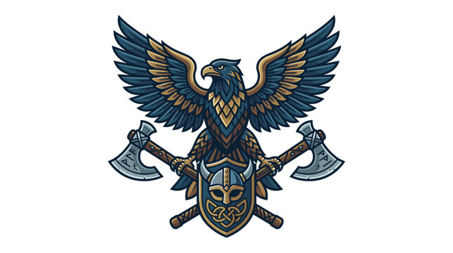 Viking warrior emblem with eagle shield and crossed axes illustration