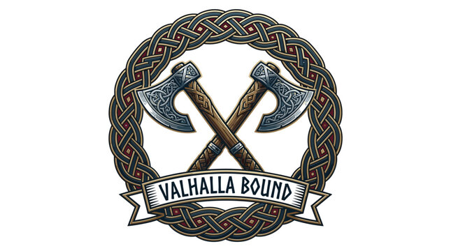 Viking Vector illustration of crossed axes in Celtic knotwork circle Valhalla Bound