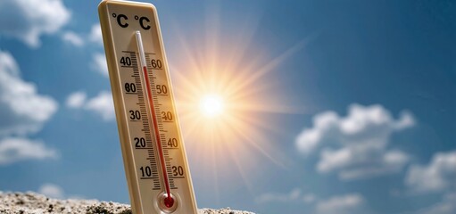 Summer heatwave with glowing sun and rising thermometer symbolizing climate change and rising temperatures.