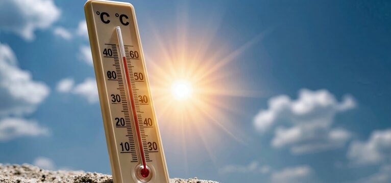 Summer heatwave with glowing sun and rising thermometer symbolizing climate change and rising temperatures.