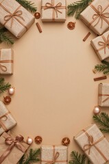 Fototapeta premium Presents Arranged With Decorations for a Festive Season on a Beige Background