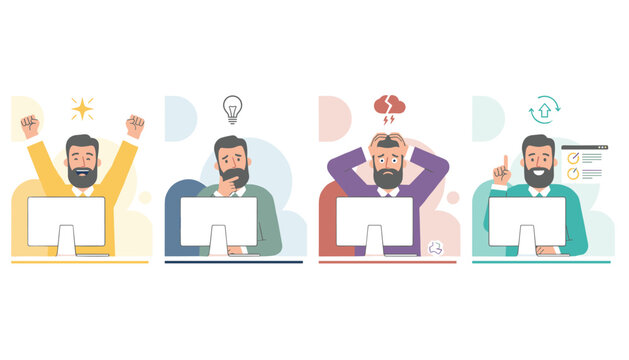 Male programmer working at a computer showing four different emotional states from success to stress and brainstorming.