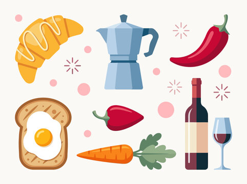 Flat food vector set with coffee, croissant, egg toast, vegetables, and wine
