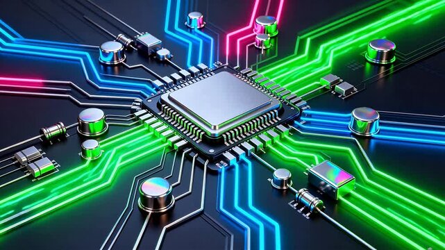 Colorful circuit board with glowing lines