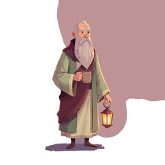 Obraz premium Wise Elderly Man Holding Lantern and Mug in Medieval Robes – Digital Illustration