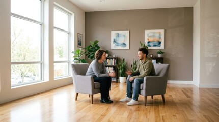Fototapeta premium Professional female therapist consulting young male client in a modern sunlit office for mental health support and discussion