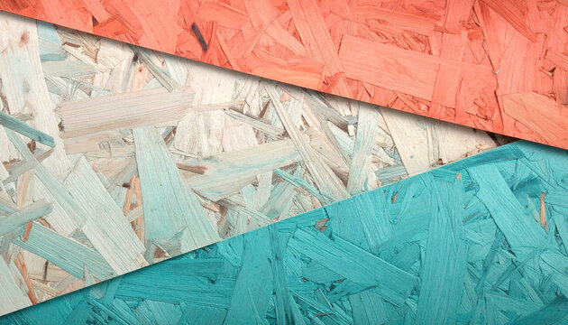 Layered oriented strand board textures featuring a geometric overlap design in bright coral, soft white, and deep turquoise blue colors for modern interior design concepts.