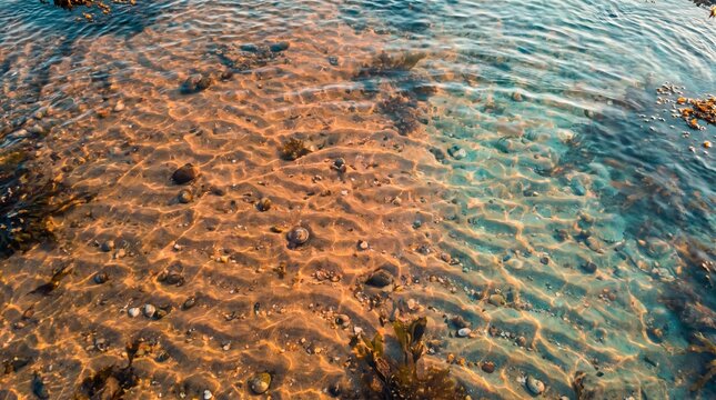 Top view look of transparent sea water in a shallow ocean tidal pool revealing golden rippled sand and pebbles with copy space