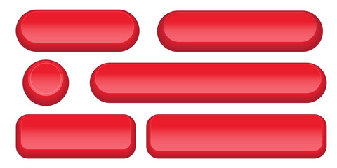 Fototapeta premium Red web buttons set isolated on transparent background. Vector glossy 3D UI elements collection with rounded rectangular, circle and capsule shapes for digital interface menu navigation.
