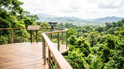 Fototapeta premium Rainforest canopy observation tower platform overlooking green landscape 