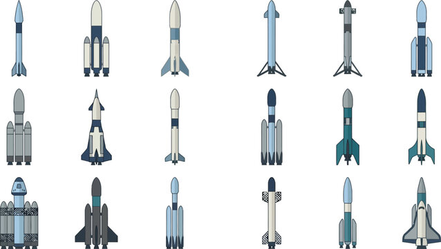Set of flat vector rocket icons showcasing various space launch vehicles for cosmic missions