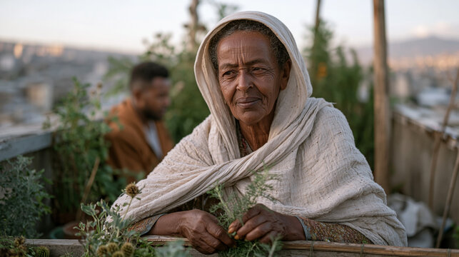 Ethiopian grandmother tends rooftop garden in Addis Ababa in September dusk, unaware that grandson is behind her on laptop participating in citizen science exoplanet transit