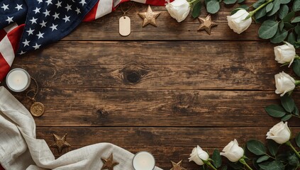 Fototapeta premium Decoration With White Roses, Flags, and Candles for Celebration on Wooden Table