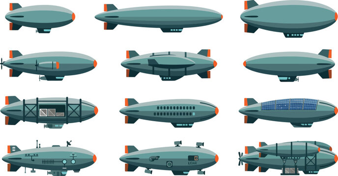 Set of modern airship and blimp vector icons for aviation technology and transport design projects