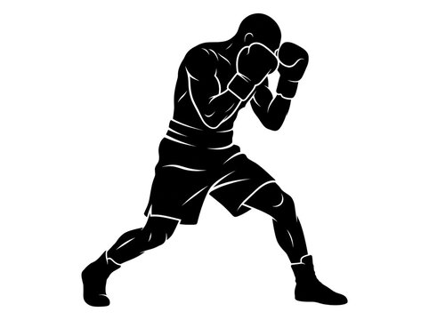 Boxer throwing punch in aggressive fighting stance silhouette style