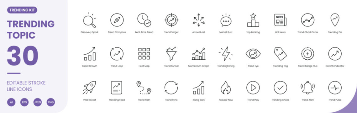 trending topic icon line style viral social media discovery compass editable stroke vector set